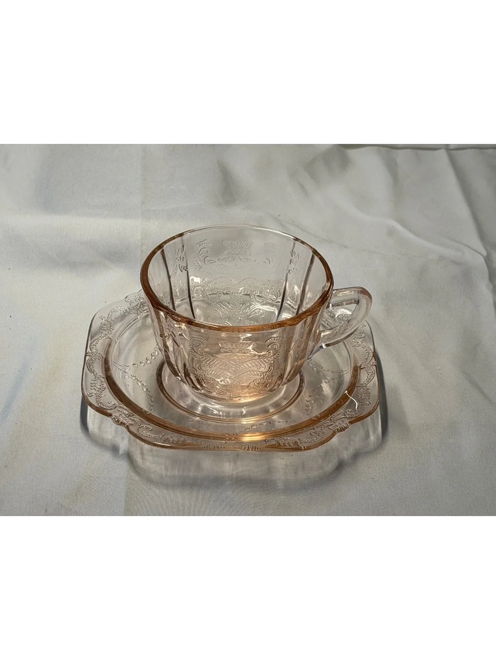 Jeannette Adam Pink Depression Glass Cup & Square Saucer Set Vintage 1932